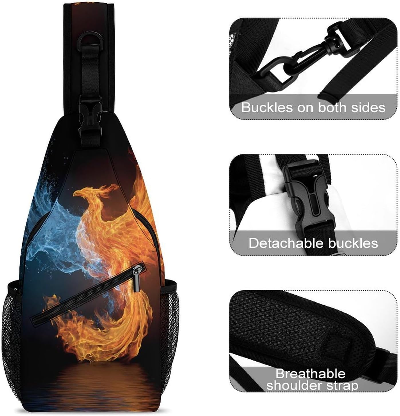 Ice Fire Rising Phoenixsbird Men Crossbody Sling Backpack Chest Bag | Travel Fanny Pack,Hiking Daypack,Print Shoulder Bags