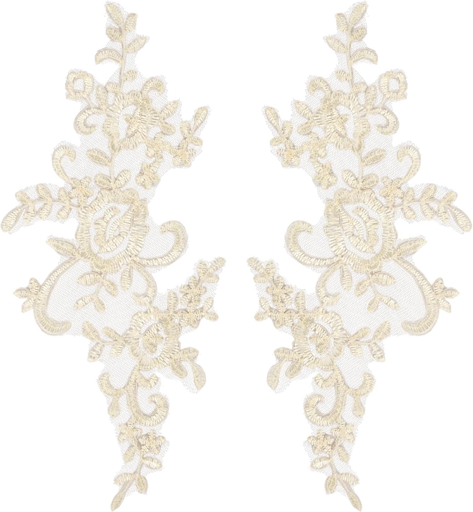 AUEAR, 2 Pack Flower Lace Applique Patches for Wedding Dress DIY Clothing Collar Material (Ivory Color)