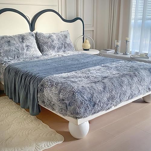 Miniatura 9 de chovy Juego de sábanas de 4 piezas de pelo sintético teñido anudado negro y blanco con bolsillos profundos, juego de sábanas mullidas de franela de