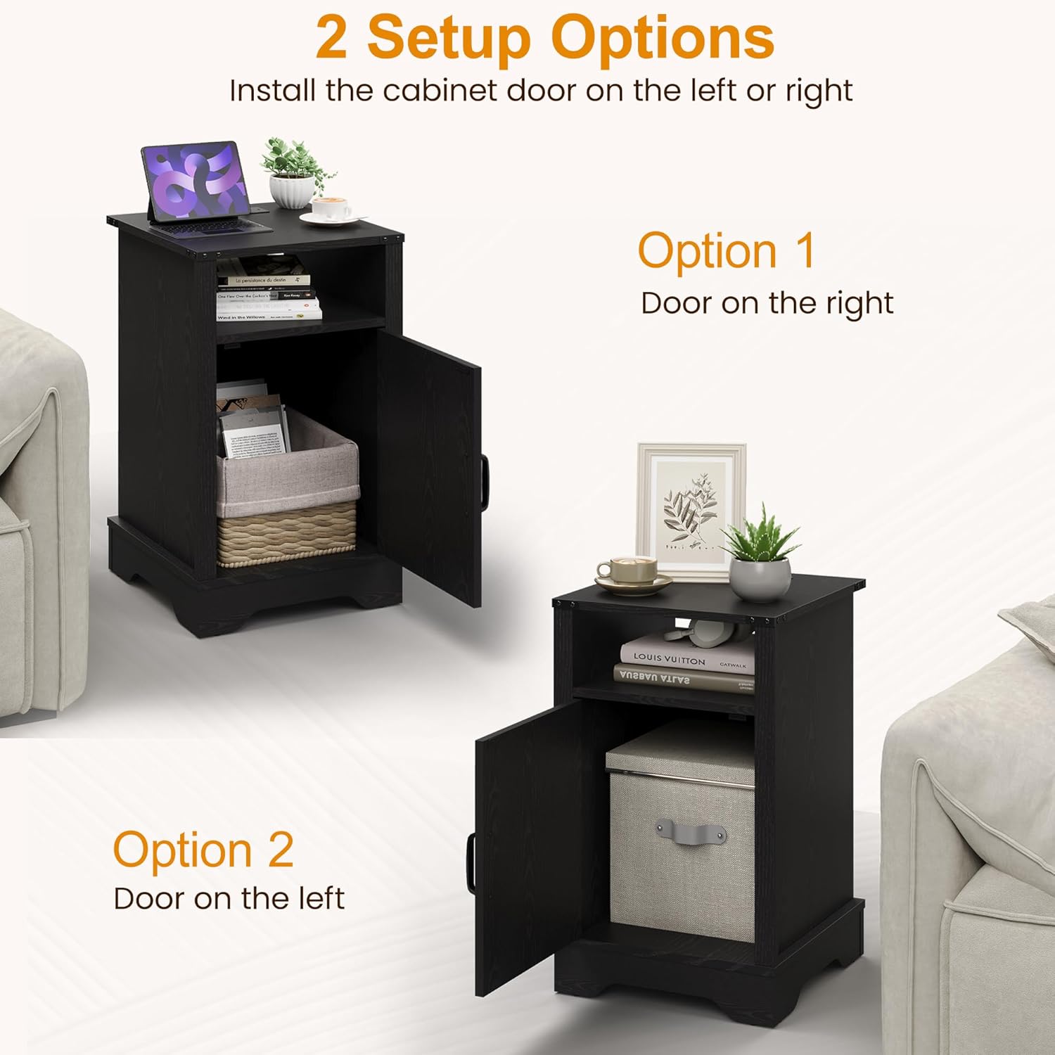 RoyalCraft 25" Tall Nightstands Set of 2, Farmhouse Nightstand with Charging Station, Large Wood End Table with Storage, Black Bedside Table for Bedroom