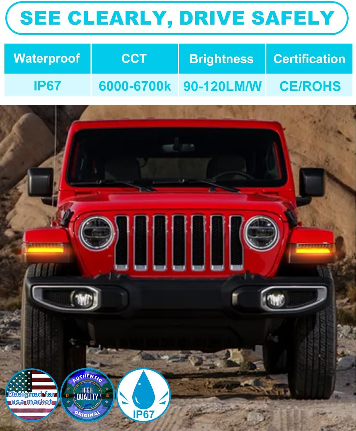 Smoked Lens LED Front Fender Lights DRL For Wrangler JL JLU 2018-2023 & Gladiator JT 2020-2024 Marker Light Sequential Turn Signal Lamp(front fender-led)