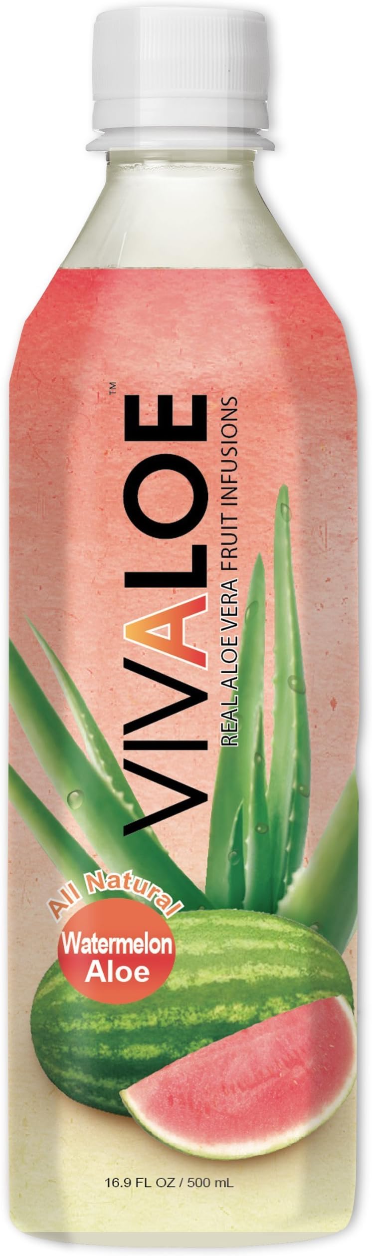 Watermelon Flavor Aloe Beverage All Natural Aloe Juice, 16.9 fl. oz./500 mL, 12 Count