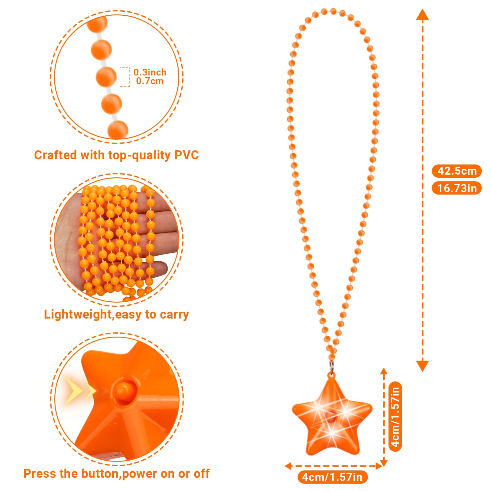 NUDALA 12 Pack Orange Glow Star Necklace Bulk Beaded Necklaces for Halloween Christmas Decorations Mardi Gras Party Favors