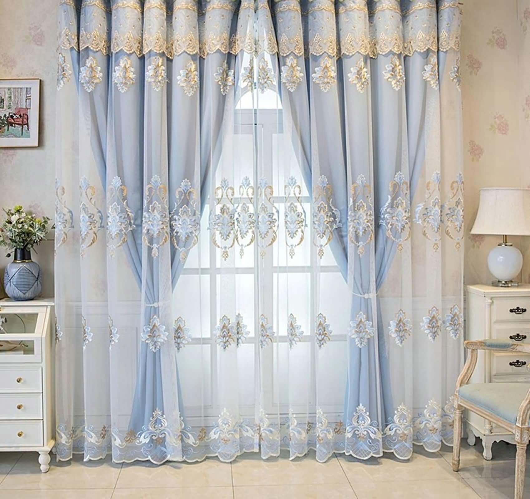 Tende Interno con Ganci, 2 x 102W x 183H CM,Tende Oscuranti Salotto 2 Pezzi Doppio Strato con Modello Pizzo Ricamo Tenda con da Interno Blu