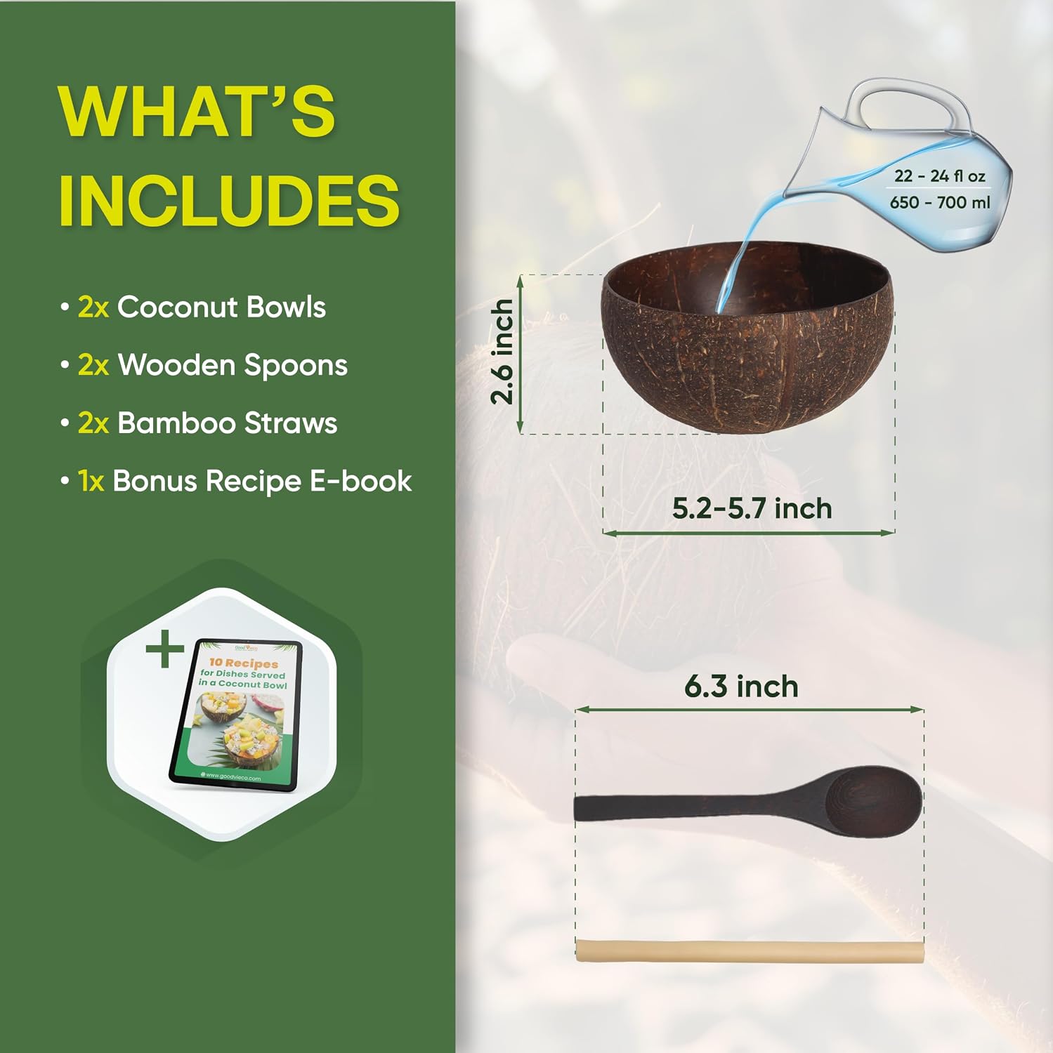 Coconut Bowl Set (2, Leaf) – Natural Coconut Shell Bowls with Bamboo Straws & Wooden Spoons – Eco Friendly Gifts for Vegan, Smoothie, Acai, Buddha, Yogurt & Sustainable Meals image 3
