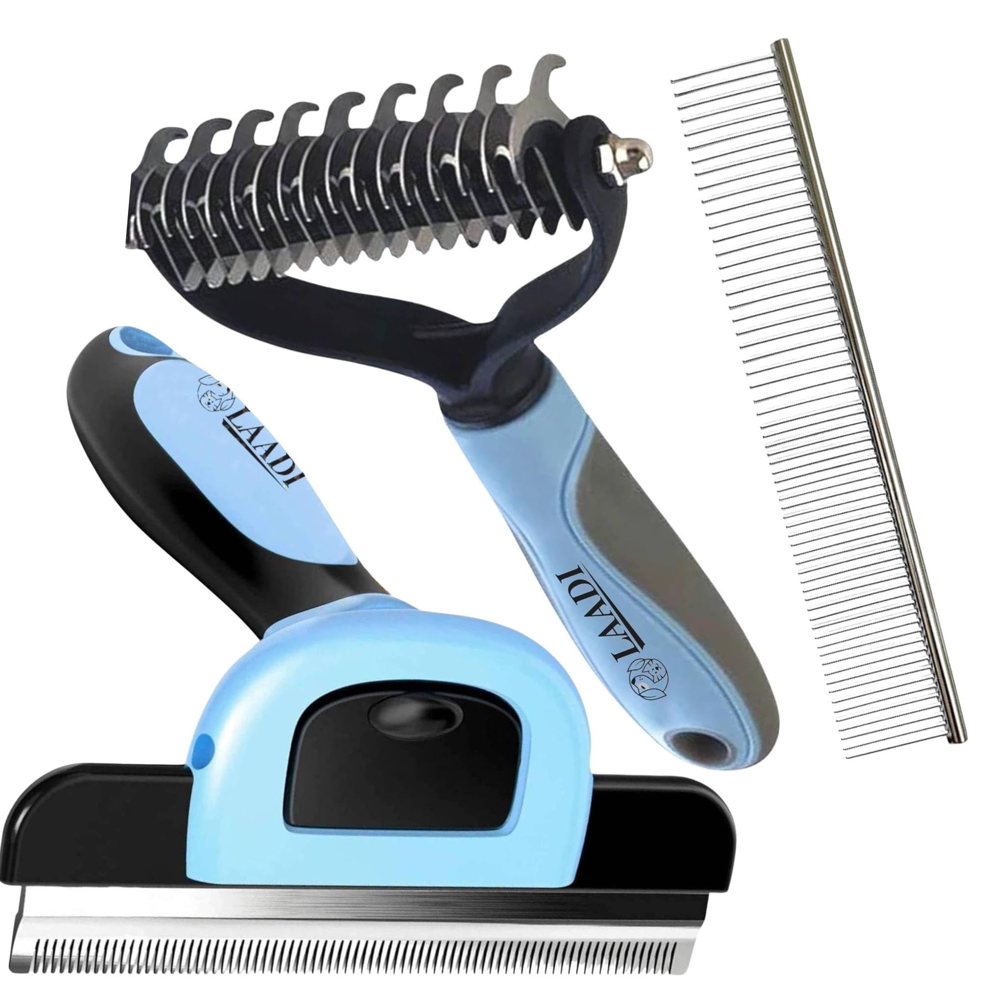 Laadi Deshedding Tool for Dogs and Cats - Reduces Shedding by Up to 95% in Less Than 10 Minutes—best Choice for Grooming and Deshedding Your Lovely Pets. Dog Cat Horse Rabbit Brush. (Double Blue) — image 1