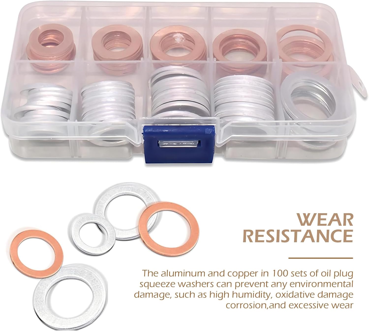 100 PCS Car Oil Pan Drain Plug Gasket Kit – M10/M12/M14/M16/M18 Copper & Aluminum High-temperature Sealing Gaskets, Multi-size Assorted Set with Divided Storage Box (Silver & Gold)