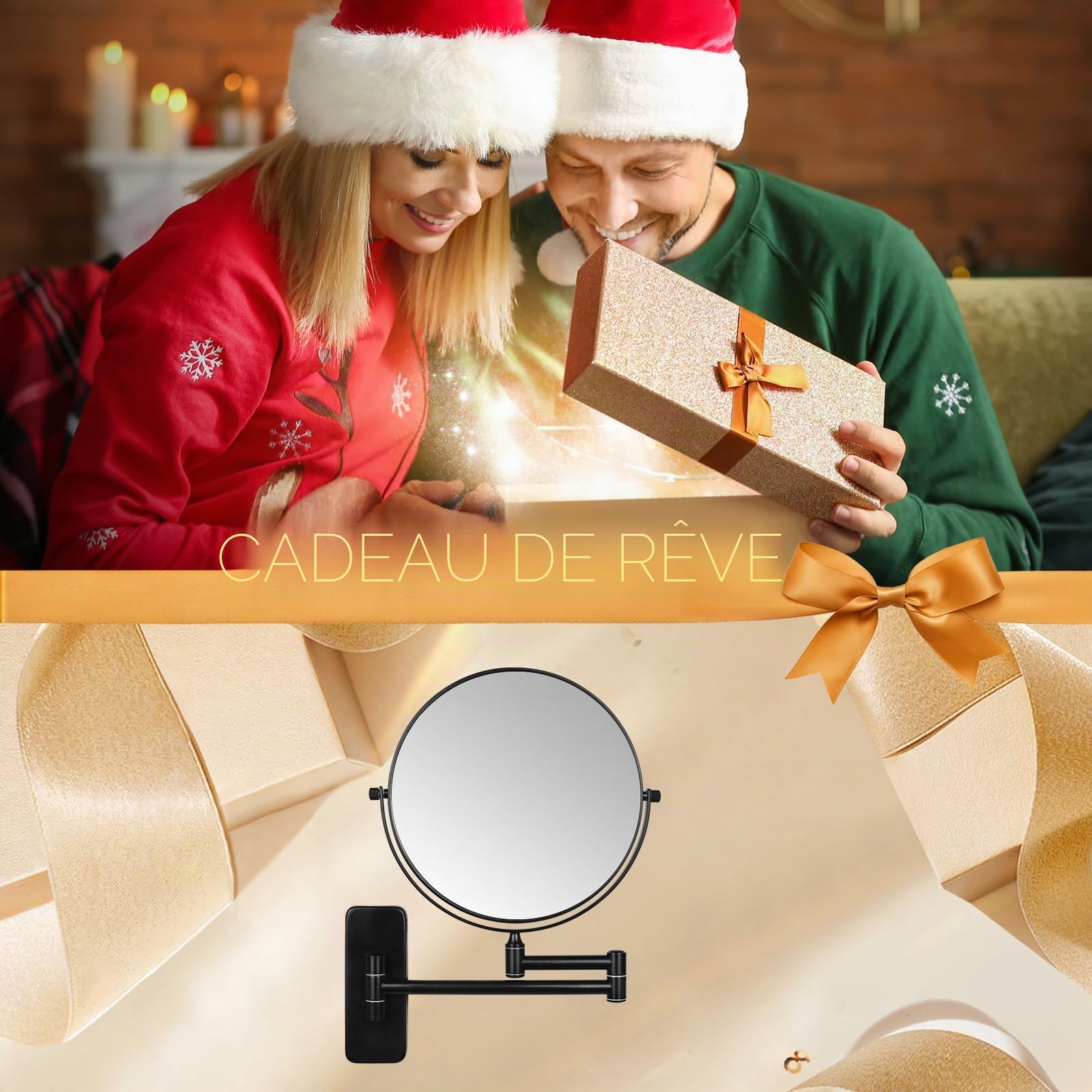 Nicesail Miroir cosmétique mural avec grossissement 5X pour salle de bain - Noir - Pivotant à 360° - Miroir double face - Extensible - Miroir de rasage - Montage mural - Diamètre 20 cm