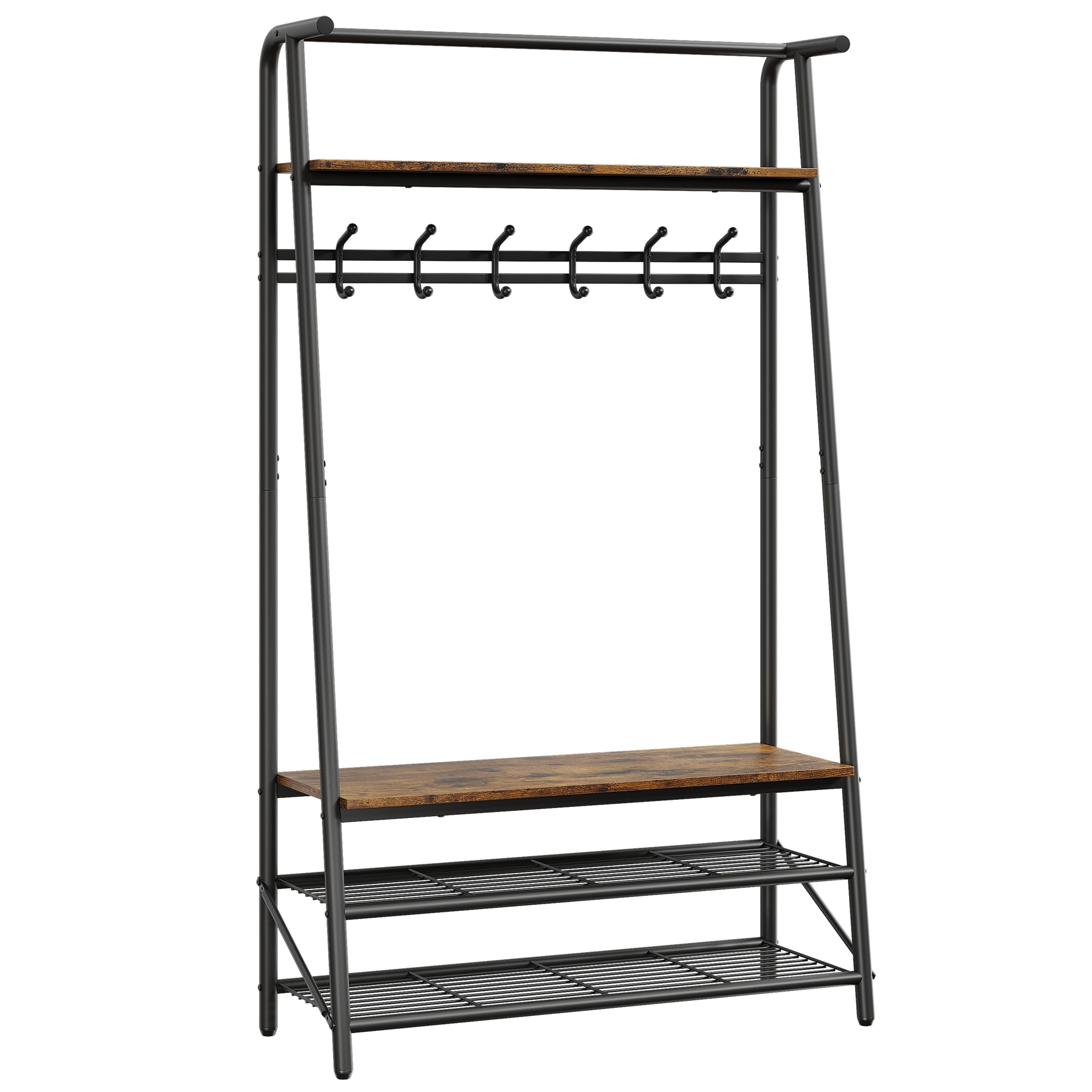Perchero Zapatero 4 en 1 con EstanteríasPerchero Zapatero 4 en 1 con Estanterías y Ganchos - Organizador para Entrada, Estructura Metálica Acabado Madera, Banco para Calzarse, Fácil Montaje