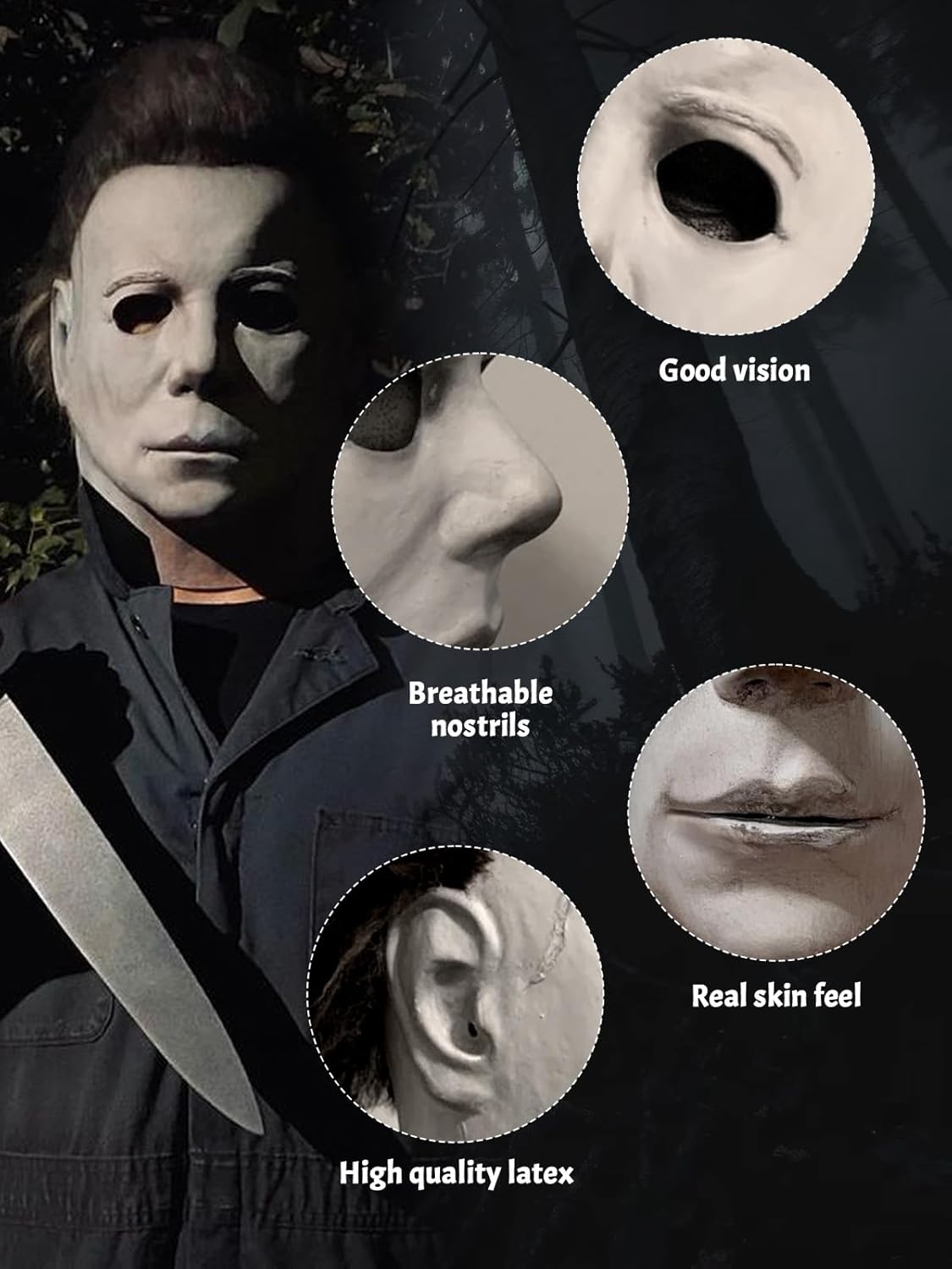 Blue Jumpsuit for Men and Boy,Halloween Cosplay Coveralls Costume with Mask and Prop Knife - Image 4