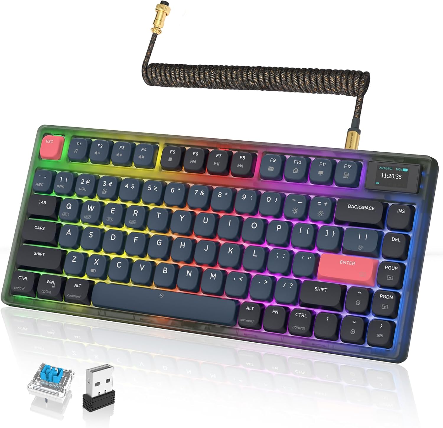 A.JAZZ AK832Pro Wireless Mechanical Gaming Keyboard 75% Low Profile Gasket with 2.4Ghz/Bluetooth 5.0/Wired Coiled Cable Screen Display RGB Backlight NKRO TKL for Win Mac Gamer (Ink Red/Blue Switch)