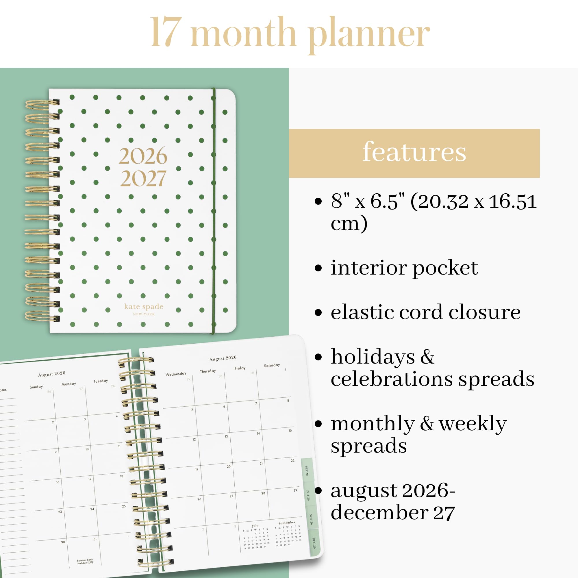 kate spade new york Agenda grande 21,6 x 18,4 cm, rilegatura a spirale, layout mensile e settimanale, tracker obiettivi, agenda vacanze, adesivi, linguette, chiusura elastica e tasca, agosto 2026