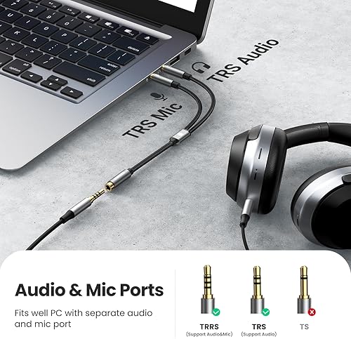 Miniatura 2 de UGREEN Divisor de auriculares para computadora de 0.138 in hembra a 2 doble cable divisor de audio trenzado macho de 0.138 in para micrófono,