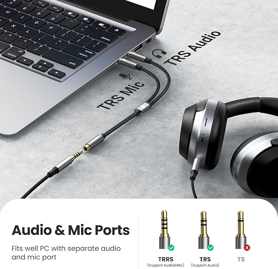 UGREEN Headphone Splitter for Computer 3.5mm Female to 2 Dual 3.5mm Male Braided Audio Splitter Cable Microphone Stereo Jack Earphones Port Cord Gaming Headset to PC Laptop Adapter Black