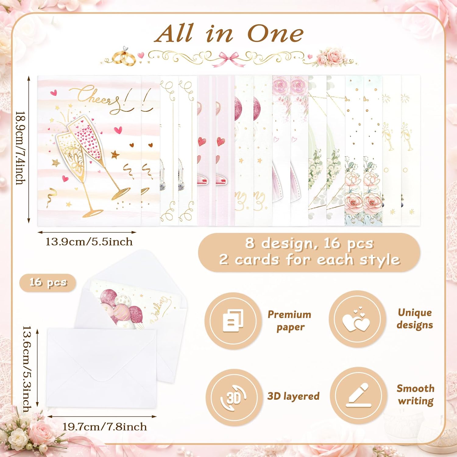 3D Sticker Wedding Cards – 16 Pack with White Envelopes – 8 Designs image 2