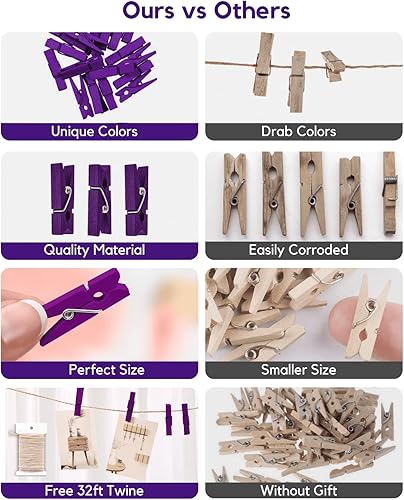 Miniatura 2 de Mini alfileres para fotos, pinzas de color morado, paquete de 100 clips de madera arcoíris coloridos con cuerda de 32 pies para manualidades, baby