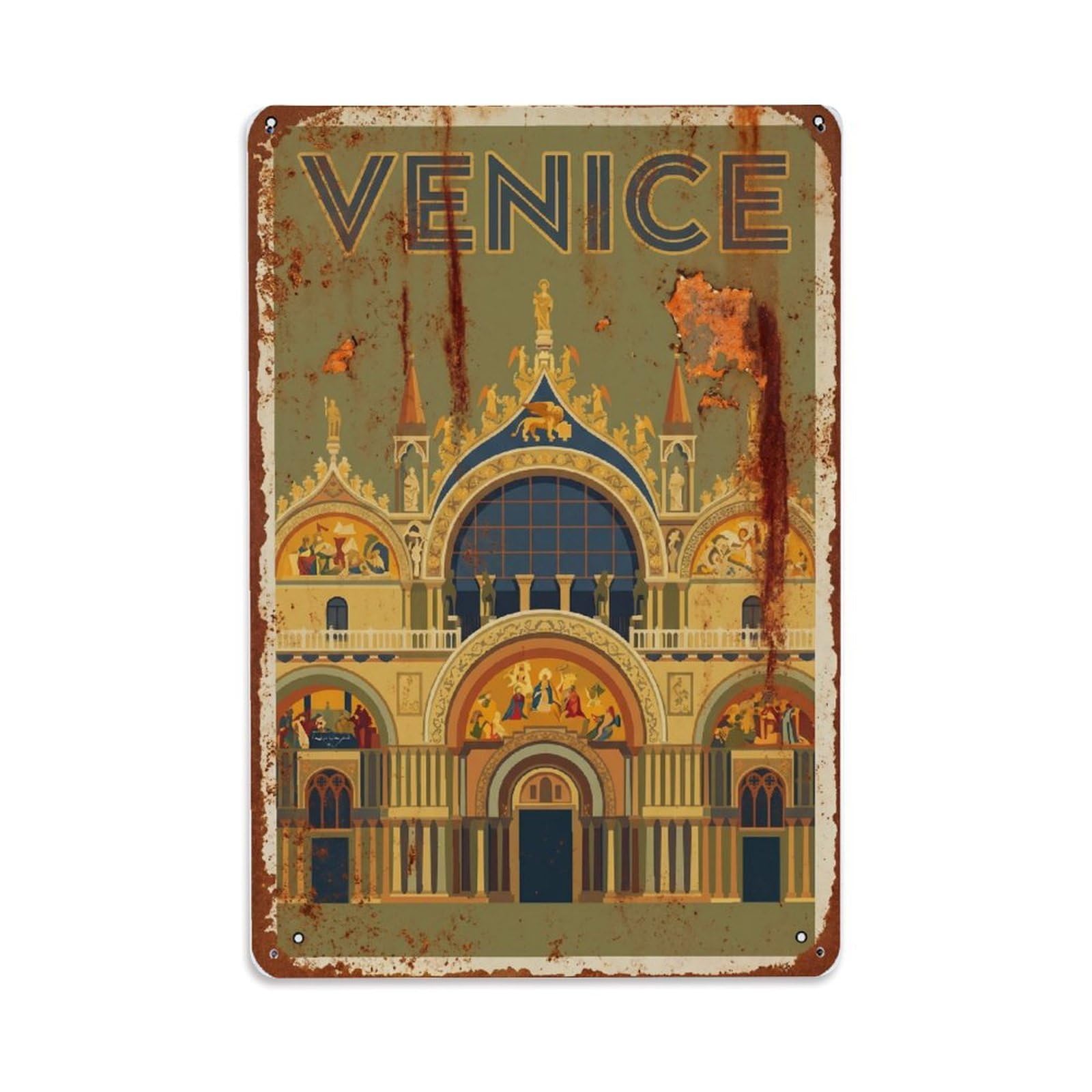 Vintage Travel Venice Basilica San Marco Byzantine Mosaics Rusted Italy Metal Tin Sign Plaque Wall Decor for Cafe, Club Bar, Office, Home Garden Metal Poster 8x12Inch