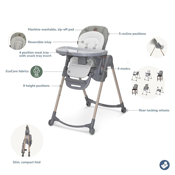 Maxi-Cosi Minla 6-in-1 High Chair for Babies & Toddlers, Portable Foldable Highchair, EcoCare Fabric, 9 Heights, 5 Reclines, 4 Tray Positions, Classic Green