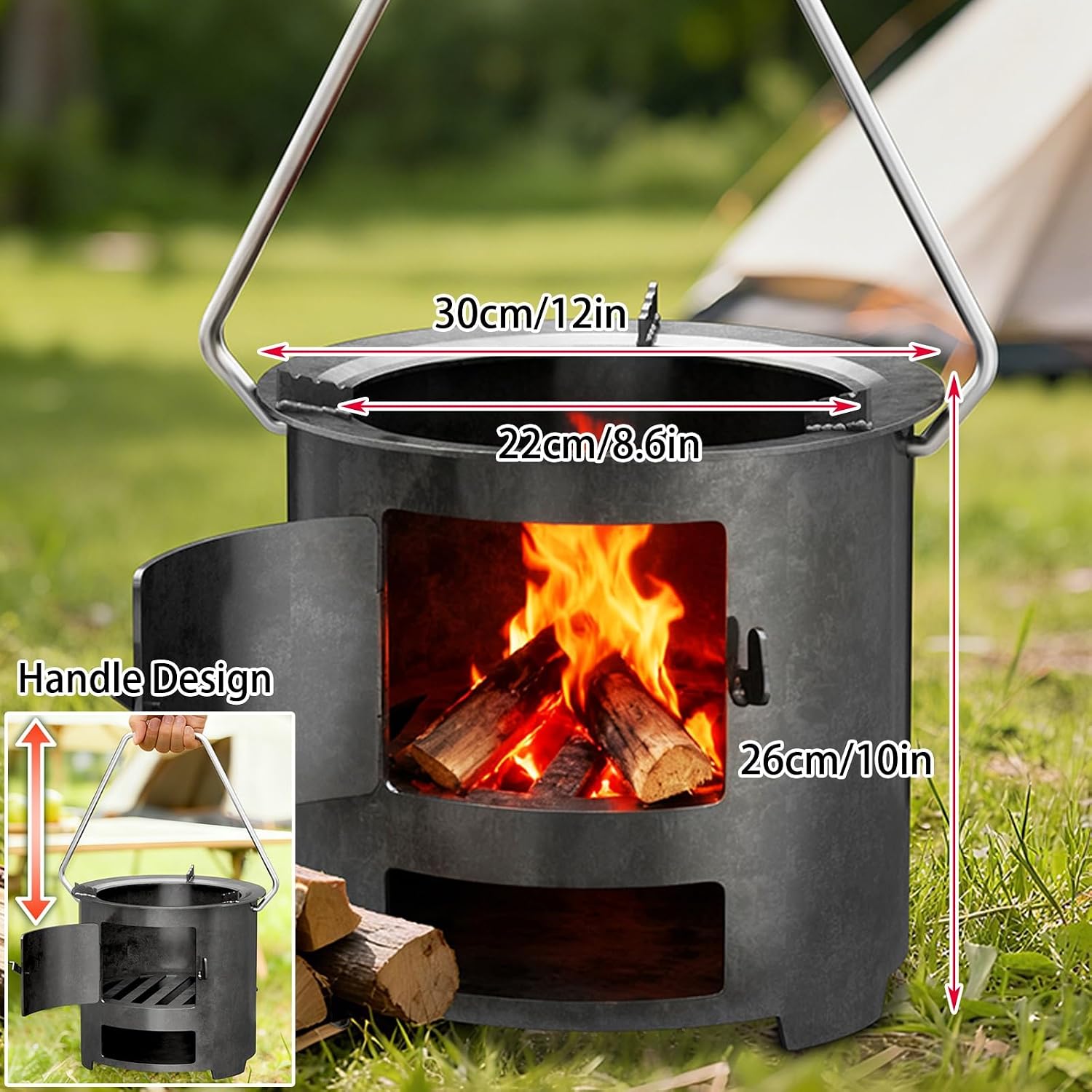 Multifunction Wood Burning Stove with Grill Rack, Portable Camping Rocket Stove for Outdoor Cooking, Hot Tent Wood Stove for Backpacking Hiking Camping Wok Cooking Pot(30x26cm/12x10in)