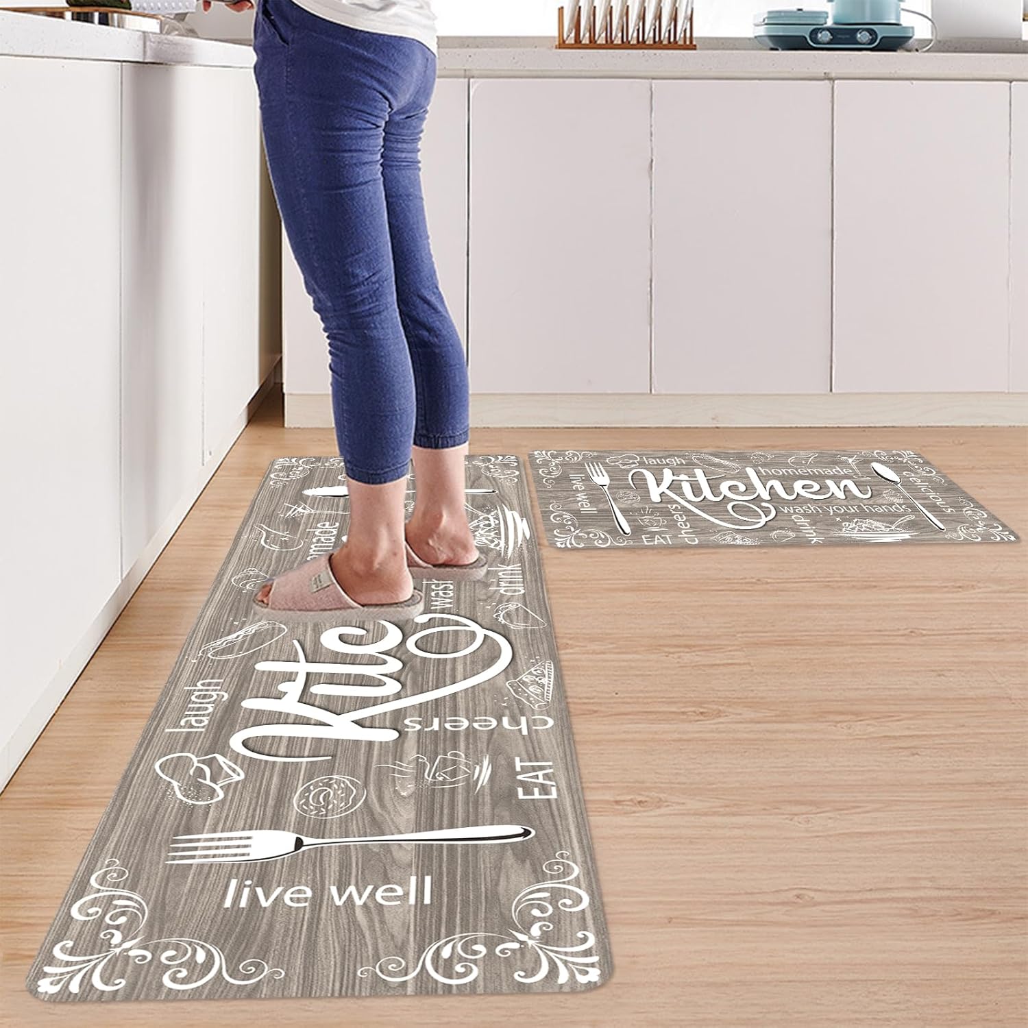 XLHOMO Kitchen Rugs Sets of 3, Non Slip Washable Brown Kitchen Mats for Floor, Farmhouse Stain Resistant Cushioned Anti Fatigue Mats for Kitchen Floor, Laundry Room, Bathroom, Entryway Carpet Decor