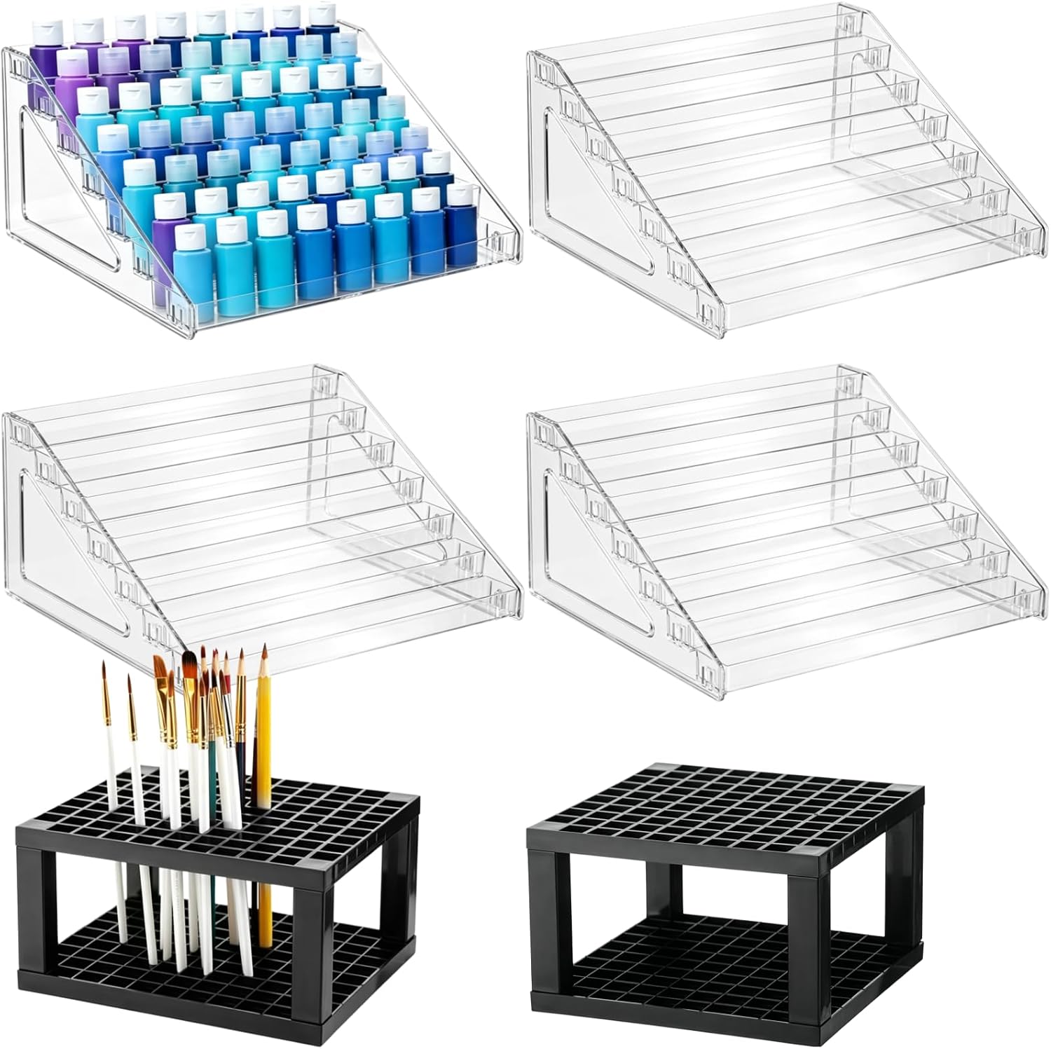 6 PCS Acrylic Paint Organizer Set, 4 Clear 7-Tier Bottle Racks and 2 Black 96-Hole Brush Holders, Craft Storage for Model Paint, Ink, Nail Polish