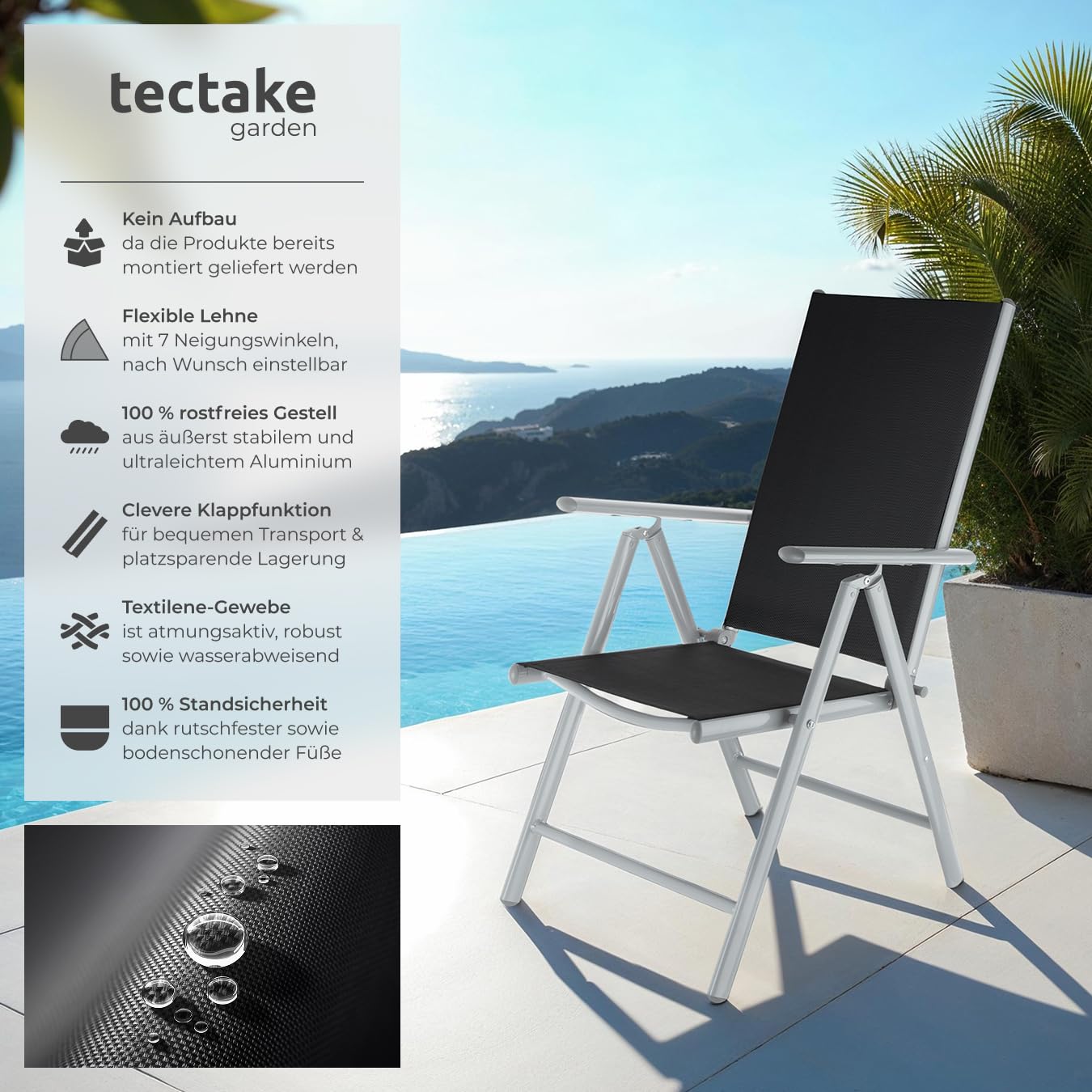 tectake® Aluminium Gartenstuhl 4er Set, Klappstuhl mit 7-Fach Verstellbarer Rückenlehne, Hochlehner mit Armlehnen, Gartenmöbel Set mit 4 Stühlen, für Garten Balkon Terrasse Camping, Silber