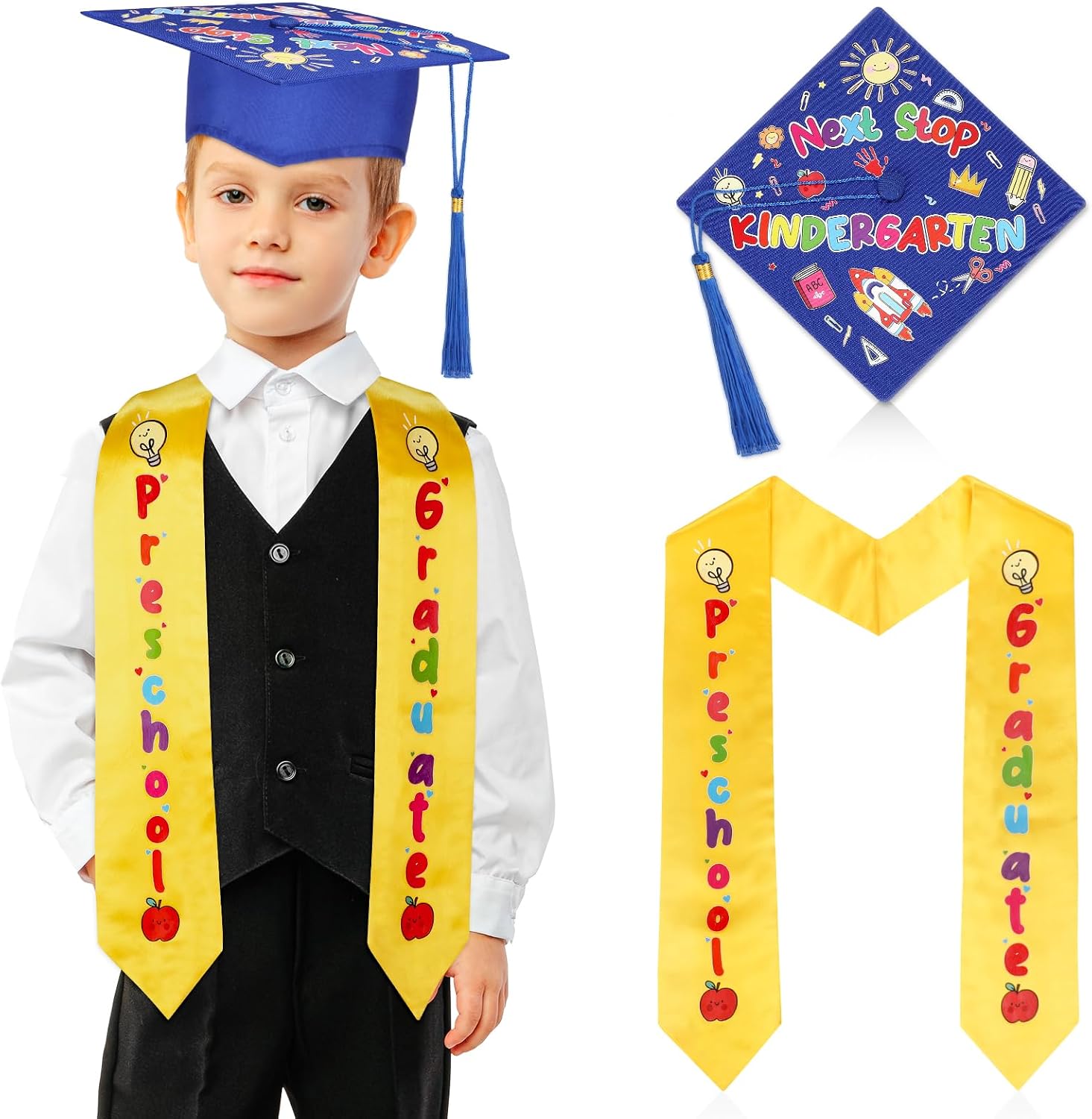Preschool Graduation Cap and Stole for Kids Next Stop Kindergarten Cap with Tassel Unisex Printed Preschool Graduation Sash