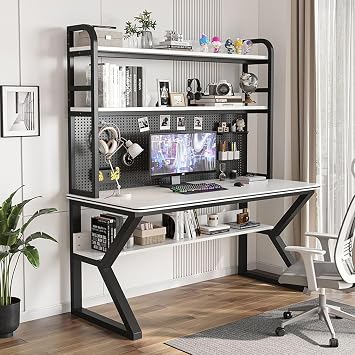 Gaming Desk with Hutch & Bookshelf Combo - Stylish Home Office Computer Desk with Pegboard for Study, Gaming & Workspace Organization