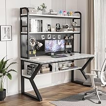 Gaming Desk with Hutch & Bookshelf Combo - Stylish Home Office Computer Desk with Pegboard for Study, Gaming & Workspace Organization
