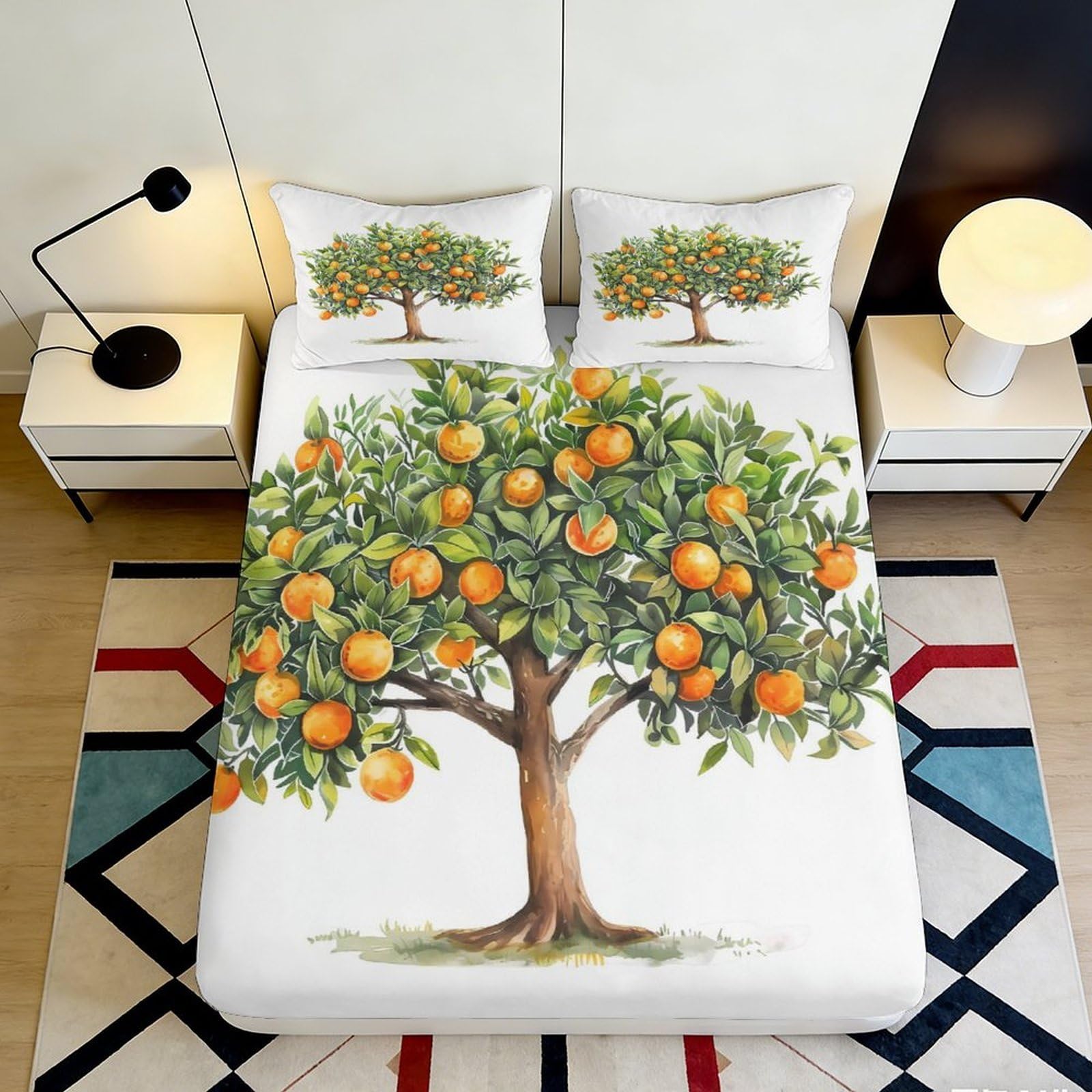3D Printed Orange Tree Fitted Sheet Microfiber Soft Breathable Citrus Fruit Bed Cover for Bedroom Dormitory Guest Room Mattress Protection Decor 140x200x25cm