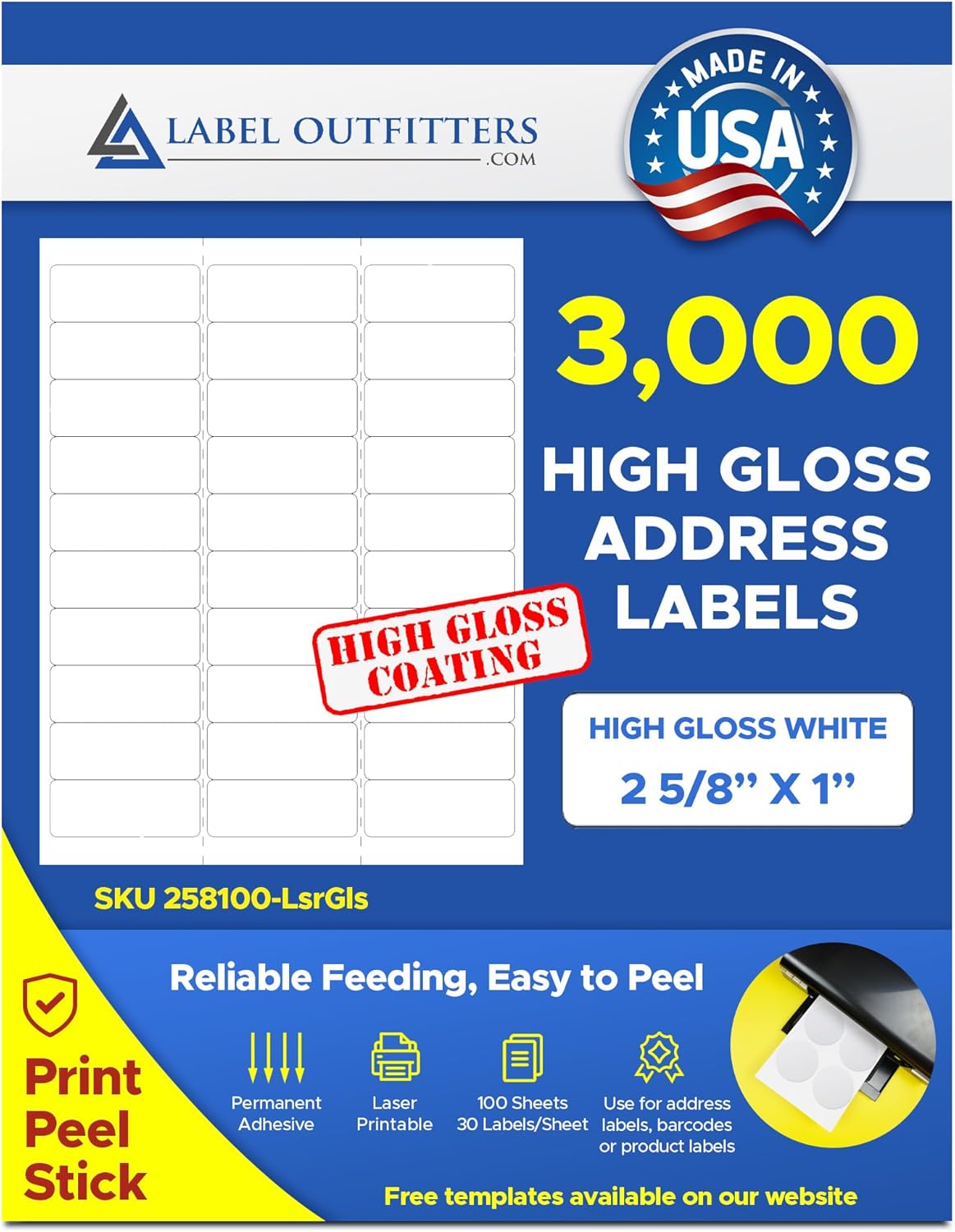 3,000 Label Outfitters Laser ONLY White Glossy Printable Mailing Labels, 1 x 2-5/8 inches, 100 Sheets