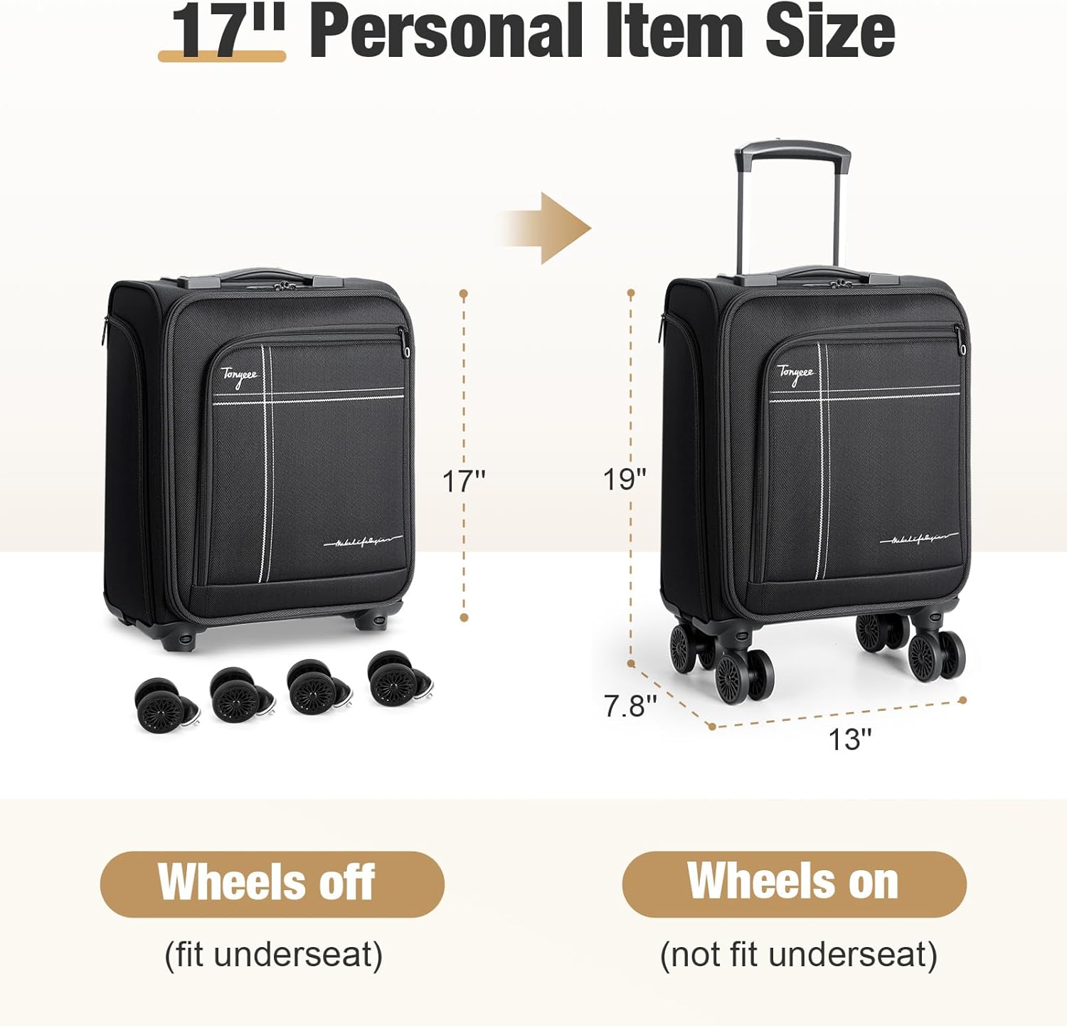 Softside Carry on Luggage Airline Approved, 17 Inch Underseat Carry-on Luggage with Removable Spinner Wheels, Small Personal Item Suitcase for Travel Business (Black, 17 inch_Underseat) - Image 3