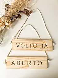 Placa Loja Aberto/Fechado Gravado em Madeira Pinus