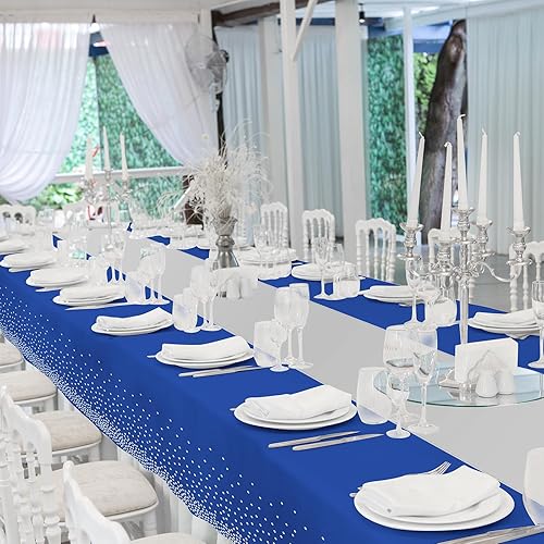 Miniatura 7 de Paquete de 12 manteles y caminos de mesa azules y plateados para decoración de fiesta, mantel desechable de plástico azul y plateado y camino de