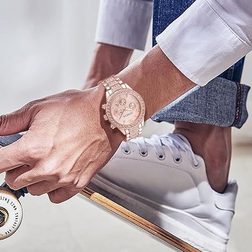 Miniatura 7 de Reloj de cuarzo unisex con diamantes de cristal flotantes de lujo con pulsera de eslabones de acero inoxidable Rose gold