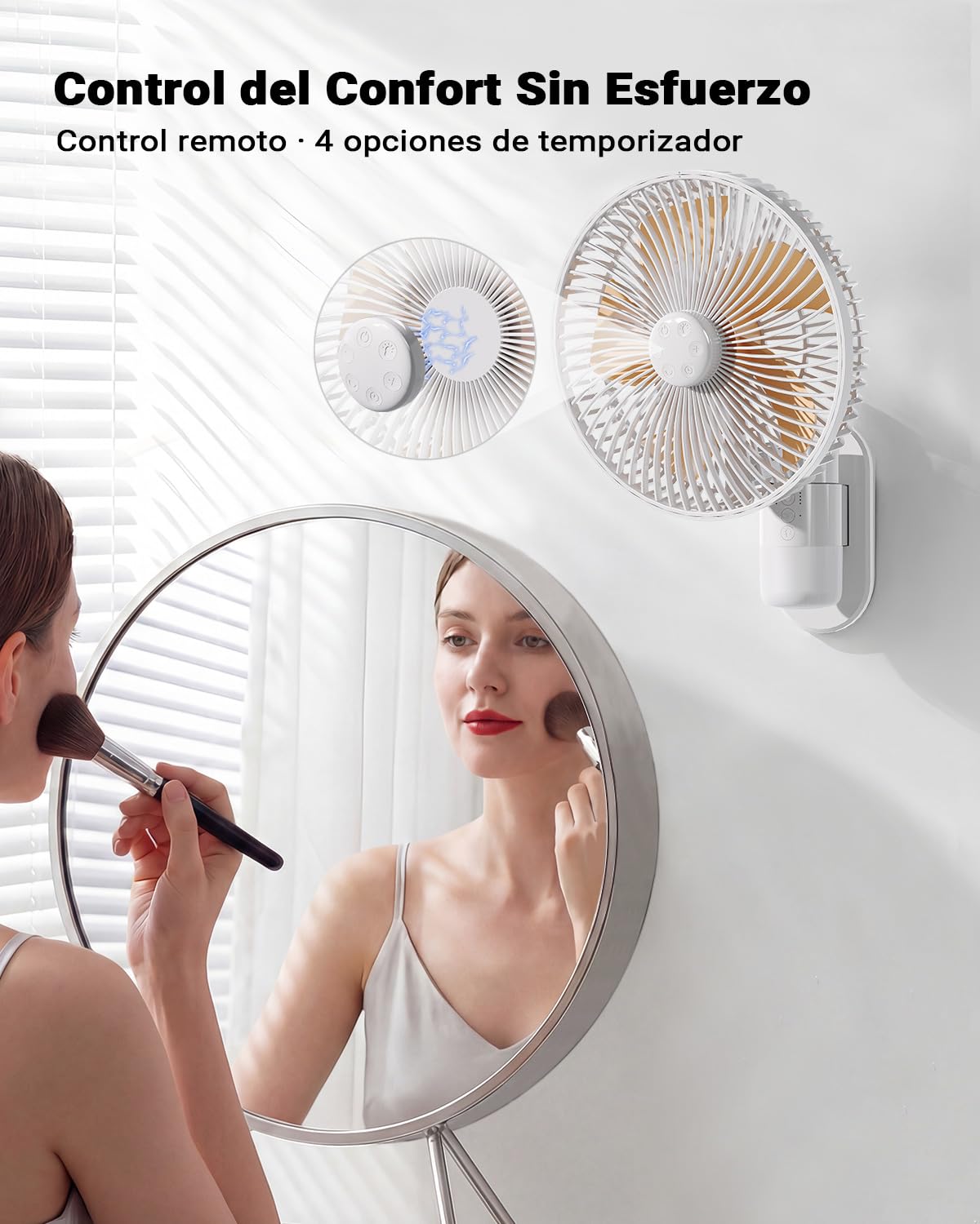 Ventilador de Pared 26 cm con Luz y Control Remoto, Silencioso 30 dB, Flujo de Aire Potente 5,2 m/s, Temporizador, Oscilación 90°, 4 Velocidades, Inclinación 180° para Dormitorio, Oficina,Autocaravana