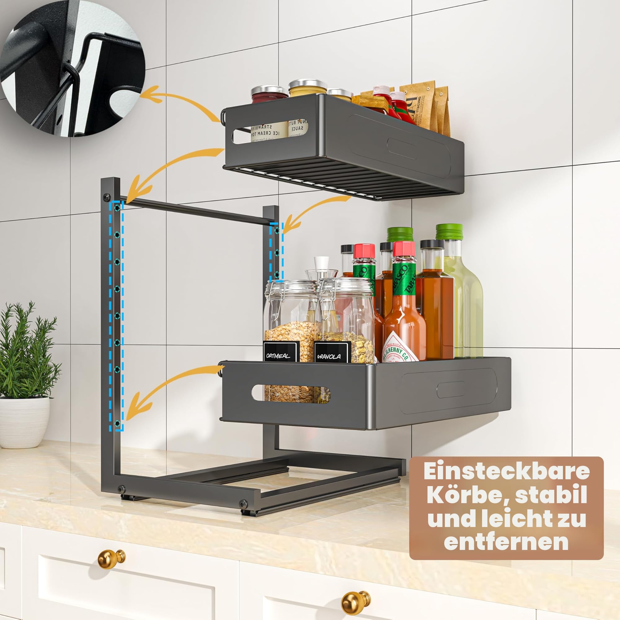 YunNasi Küchenschrank Organizer 2 Etagen Spülschrank Organizer mit 4 Haken für Kitchen Bad Unter Waschbecken Regal Küchenregal Metal Gewürzregal Stehend Höhenverstellbar (Schwarz)