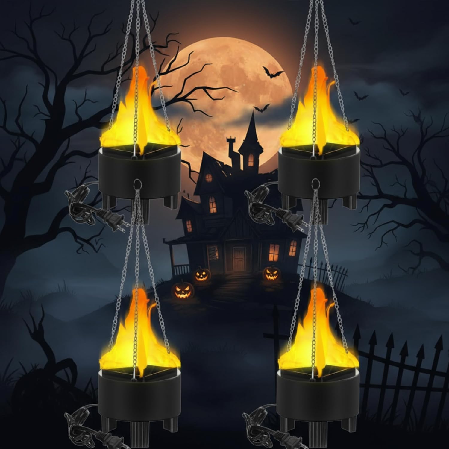4 Pcs Halloween Hanging Fake Fire Flames 3D LED Flame Lights 110V Artificial Campfire Lamps Flickering Realistic Stage Effect Light Interior for Halloween Christmas Party Festival Decoration