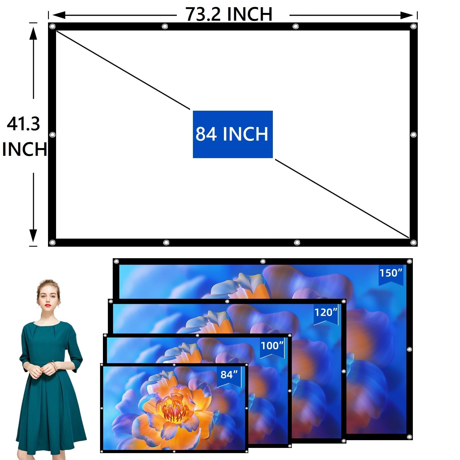 Beamer Leinwand 84 Zoll + Schwarze Rückseite Gegen-Lichtdurchlässigkeit,16:9/Faltenfrei/160°/Waschbar/Faltbar,Indoor/Outdoor, Inklusive Nagelhaken und Handtasche