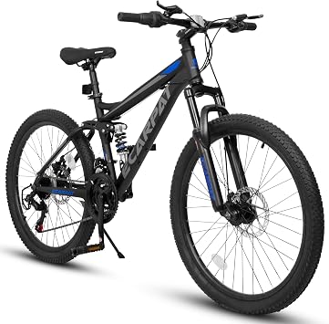 Mountain Bike 24 Inch Wheels, 21-Speed Full Suspension Trail Commuter City Mountain Bike, Carbon Steel Frame Disc Brakes Grip Shifter Front Fork Rear Shock Absorber Bicycles
