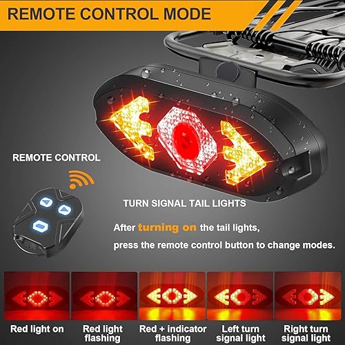 Miniatura 3 de Luz trasera de bicicleta recargable por USB, luces direccionales de bicicleta con control remoto, luz trasera impermeable de advertencia