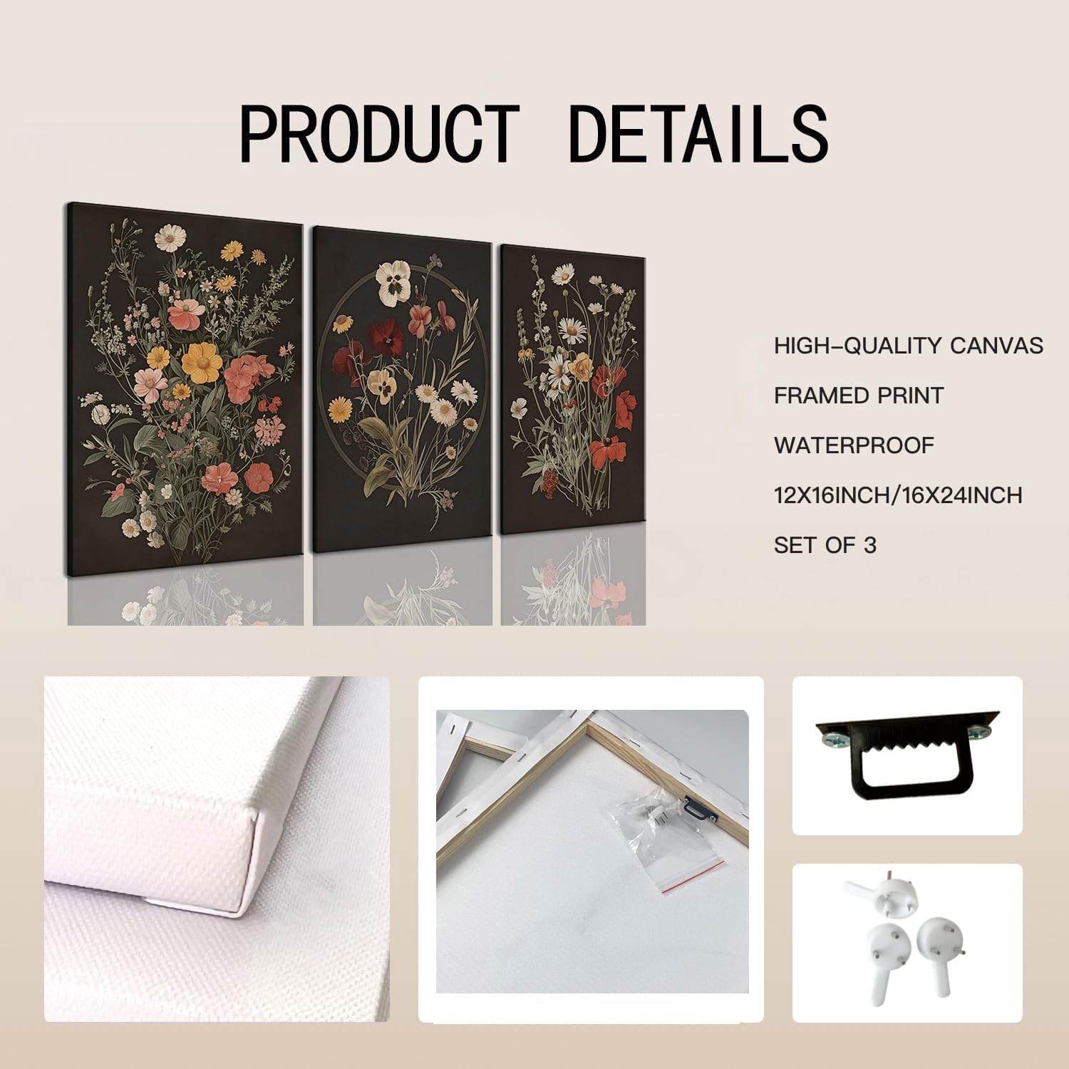 TUEASKY 3 Piece Canvas Wall Art Wildflower Wall Decor Botanical Pictures Floral Paintings Moody Framed Art Vintage Prints Dark Artwork