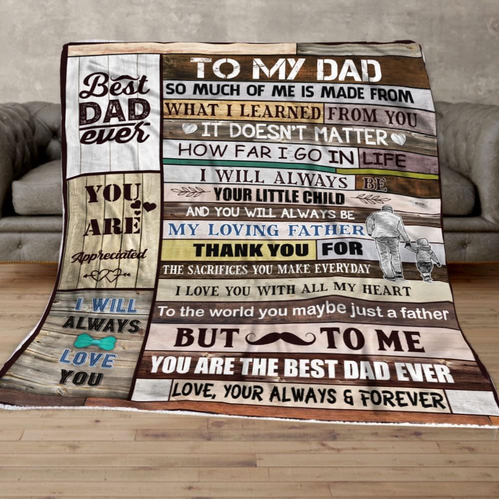 to My Dad Blanket, Customized Throw Blanket, Personalized Quilt, Gift from Kids, Birthday Gift idea, Father and Son On Wood Background Quilt, Birthday Gift from Family Members, Gift for Christmas