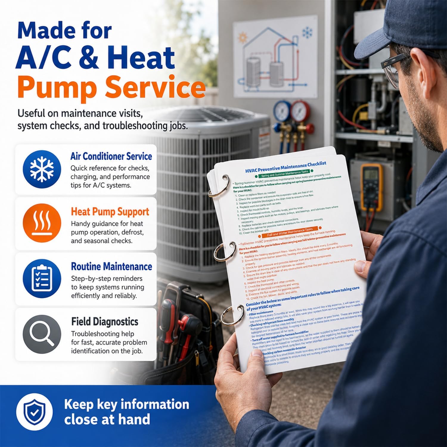 HVAC Quick Reference Cards for Refrigerant Charging & Troubleshooting, Air Conditioner & Heat Pump Technician Guide, Double-Sided Laminated Tool Cards with Ring, 4 PCS, 9" x 6"