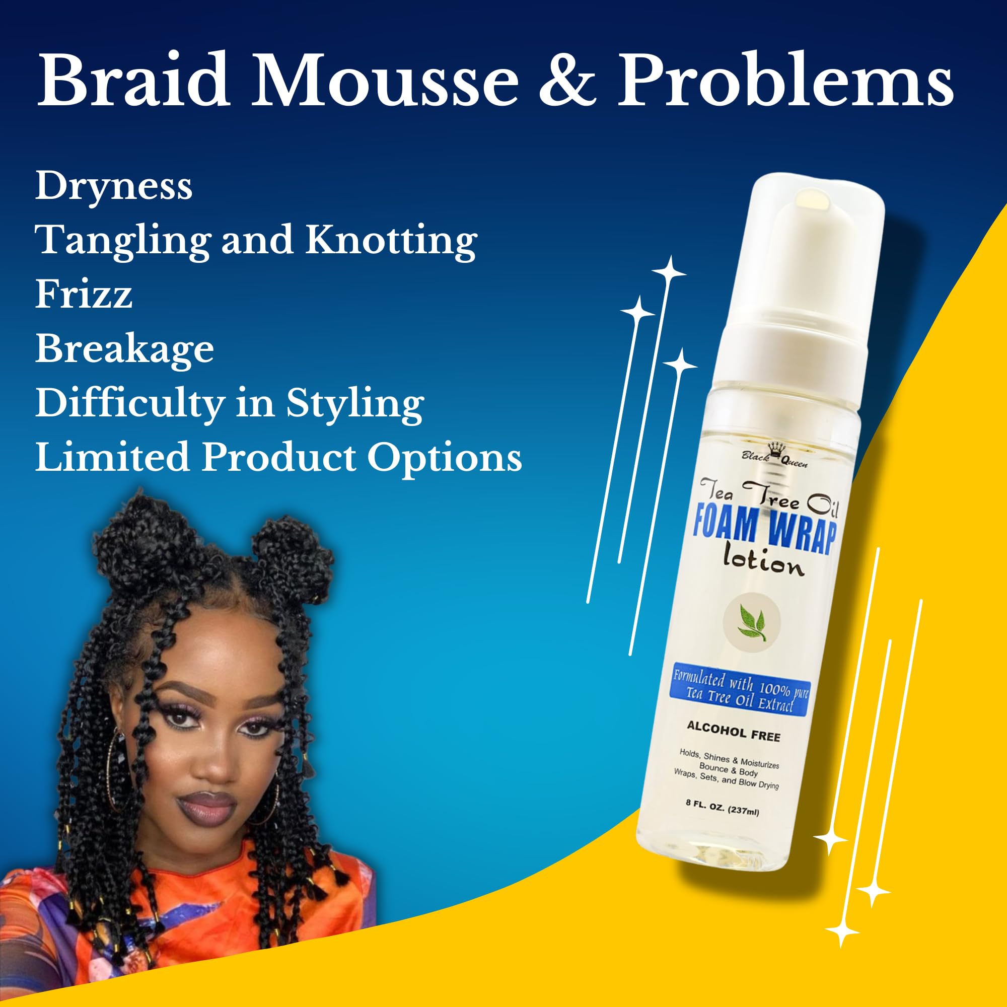 Black Queen Tea Tree Oil Foam Wrap Lotion- Extra Hold, No Flake, High Shine, Moisturizing, Lightweight - For Braids, Twists, Locs - Made in USA (pack of 1-8 oz)