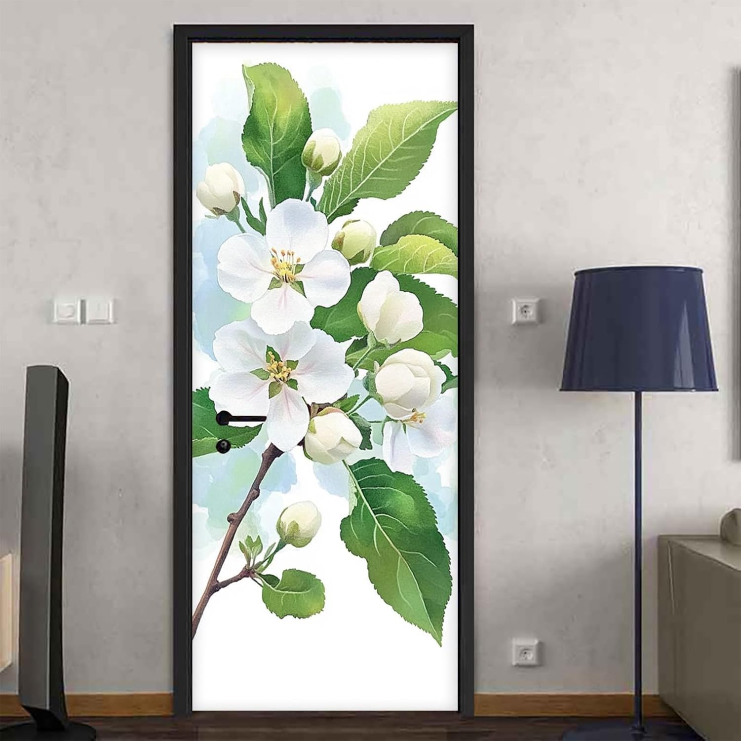 Naklejki na drzwi wewnętrzne biały kwiat Motywy kwiatowe Dekoracja drzwi do sypialni salonu łazienki biura Naklejka samoprzylepna, 44 x200cmx2pcs, 44 x200cmx2pcs