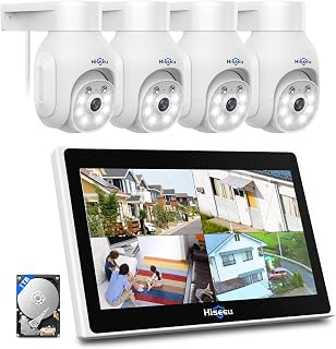 Hiseeu Wireless Security Camera System, 4-Camera Bullet Kit with 10" DVR Monitor, All-in-1 Home 2.4G/5G WiFi Camera System, 1TB HDD Storage, No Monthly Fees