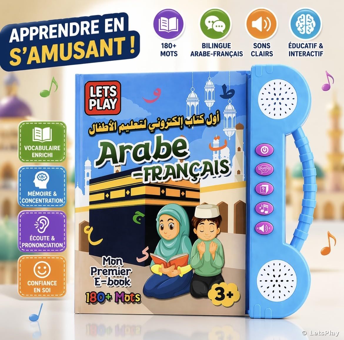 LetsPlay Livre Sonore Arabe Français Alphabet 180+ Mots Jouet Éducatif Enfant 3-8 Ans