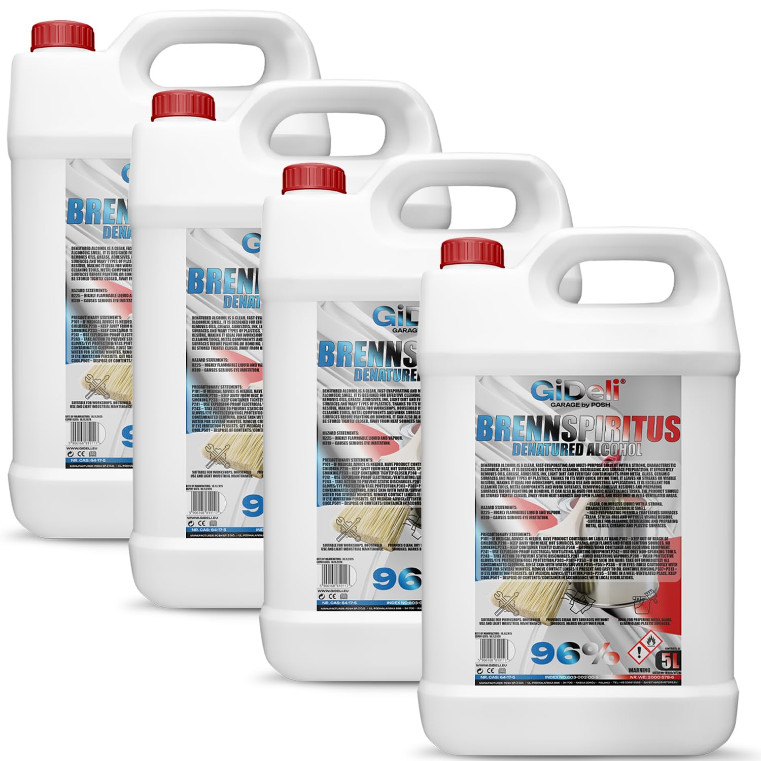 GiDeli Alcool di combustione, incolore, 4 x 5 l, versatile alcool per casa, officina e giardino, per pulire, sgrassare e accendere, senza lasciare residui e prestazioni