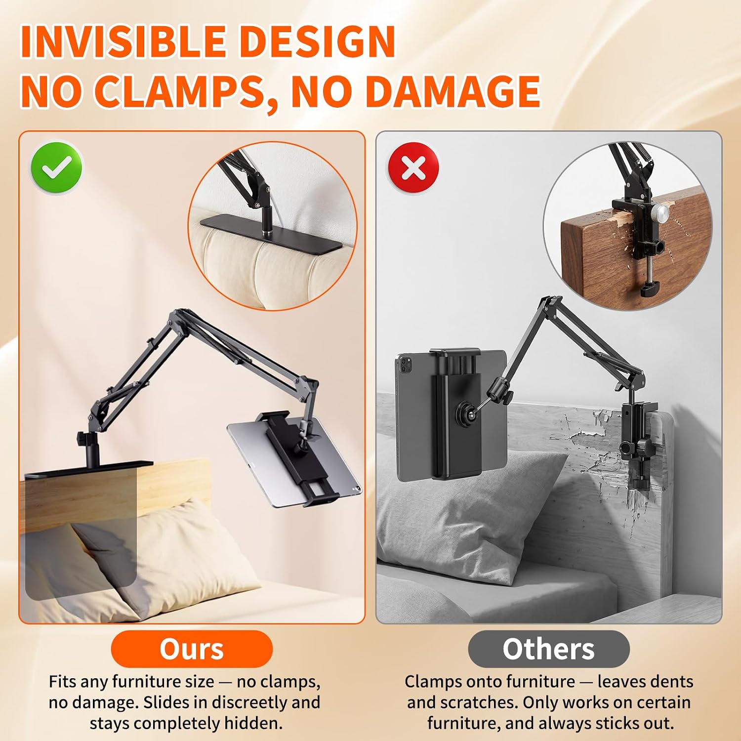 Hands-Free Tablet Holder for Bed and Sofa with Adjustable Arm - Heavy Duty Metal Stand Compatible with Kindle, Invisable & No Furniture DamageiPad & Phones, Foldable & Space-Saving Design (Standard)